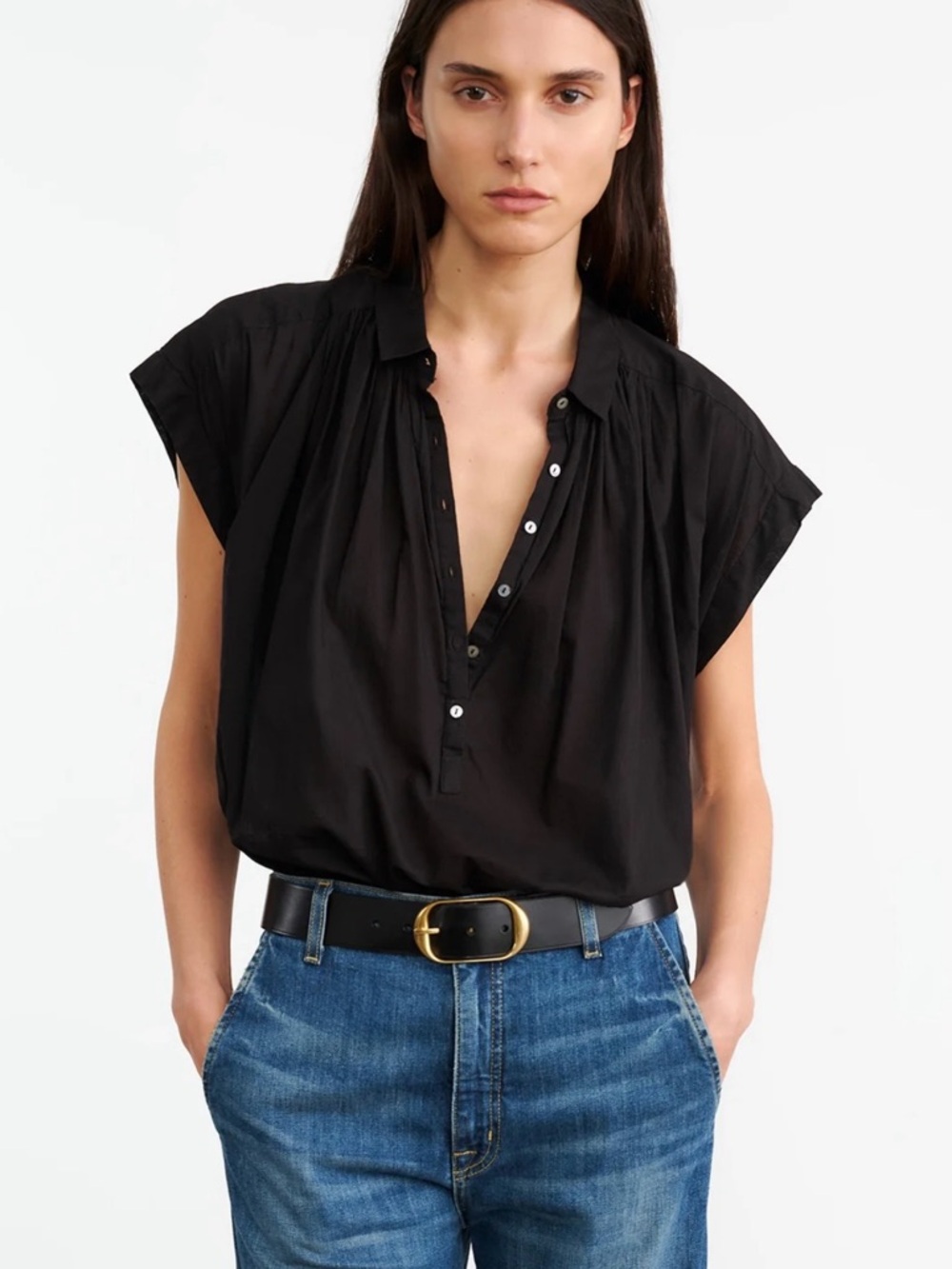 Nili Lotan Normandy Blouse M Black Cotton Oversized Popover Quiet Luxury